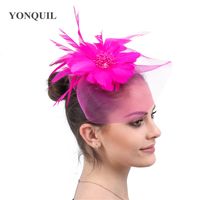 Wholesale Stingy Brim Hats Elegant Bride Tulle Fascinator Hat Hair Pin Fancy Feather Flower Headwear For Women Formal Party Fedora Cap Accessories