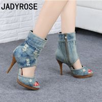 Wholesale Boots Fashion Designer Women Open Toe Blue Denim Autumn Bottine Femme Shoes Woman Sexy Cut Out High Heels Zapatos Mujer Booties