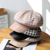 Wholesale Stingy Brim Hats Retro Houndstooth Octagonal For Women Autumn Winter Vintage Beret Wool Casual Sboy Hat Girl Female Artist Caps