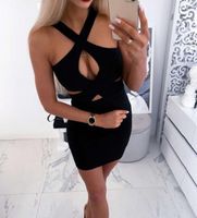 Wholesale Sexy Women Summer Solid Color Pencil Dress for Party Night Club Hollow Out Design Halter Sleeveless V Neck Slim Hips Mini Dress