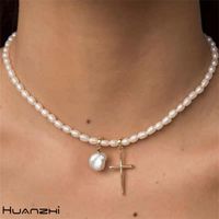 Wholesale Pendant Necklaces HUANZHI Vintage Baroque Natural Freshwater Pearl Cross Chain Necklace For Women Girls Party Jewelry