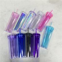 Wholesale 10 Colored oz Acrylic Skinnny Tumbler with Lid Straw Double Walled AS Reusable Plastic Cups Clear Straight Travel Water Bottles EWF2372