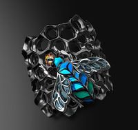 Wholesale Cluster Rings Exaggerated Gothic Style Creative Blue Epoxy Honeycomb Bee Punk Tungsten Black Gold Cocktail Party Ring Jewelry Gift