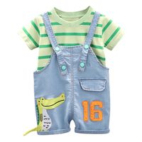 Wholesale 0 T born Kid Baby Boy Clothes Set Striped Round Neck T Shirt Top and Denim Dinosaur Pants Overalls Cotton Summer Outfits