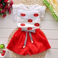 Wholesale Summer Girls Two Piece Suit Sexy Lip Embroidered T shirt Shorts School Style Children s Clothing Sets Ages Y200325