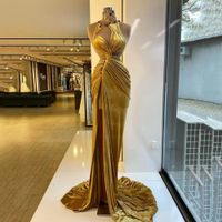 Wholesale 2022 Elegant Yellow Prom Dresses High Neck Appliques Beads Sleeveless Evening Dress Custom Made Ruffles Side Split Party Gown