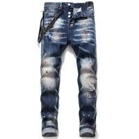 Wholesale Unique Mens Distressed Ripped Blue Skinny Men Jeans Fashion Designer Slim Fit Washed Motocycle Denim Pants Panelled Biker Trousers