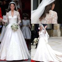 Wholesale Classic Cheap White A Line Wedding Dresses V Neck Sheer Long Sleeve Appliqued Lace Kate Middleton Buttons Back Royal Bridal Gown Satin