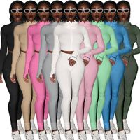 Wholesale Women s Tracksuits FNOCE Autumn Sets Sexy Nightclub Solid Turtleneck Zipper Tops Tight Trousers Stretch Sports Two Piece Suit