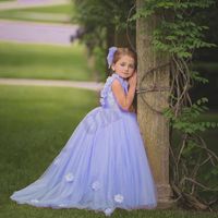 Wholesale Girl s Dresses Lilac Cute Tulle Flower Girl Dress Birthday Pearl Chain Backless Wedding Party Costumes First Comunion Drop
