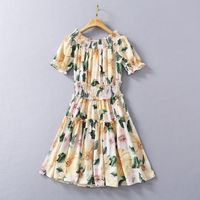 Wholesale European and American women s clothing New Style for Spring Short sleeved one line neckline floral print Fashion dress