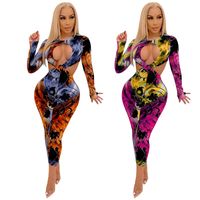 Wholesale Sexy Tie Dye Print Hollow Out Long Dress O Neck Long Sleeve Twist Bodycon Max Vestidos Night Club Party Robes