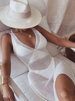 Wholesale SRUBY White Sexy Beach Dress Women Hollow Out Backless Cover Up Knitted Maxi Dresses Summer See Through Side Split Sexy Dress G0118