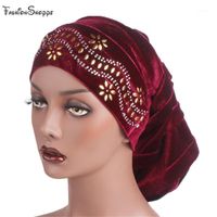 Wholesale New Diamante Velvet Pleated Turban Dreadlocks Sleeping Cap Baggy Hat for Hair Loss Muslim Slouch Caps Hair accessories Hijab1