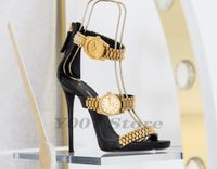 Wholesale 2020 New Metal Leather Women Sandals With Golden Watch Peep Toe Thin Shoes Neon Green Gladiator Roman High Heels Women Pumps