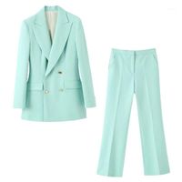 Wholesale Women s Tracksuits Summer Suits Women Two Piece Set Light Green Buttoned Blazer Flared Trousers High Waist Female Woman Clothes1