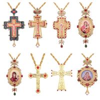 Wholesale Pendant Necklaces Orthodox Greek Shepherd Cross Jesus Crucifix Pendants Gold Rhinestones Classic Chain Religious Craft Supplies