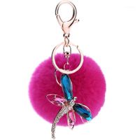 Wholesale Lovely Rhinestone Dragonfly Key chain Alloy bag pendant Insect dragonfly hairy ball key ring charm pendant1