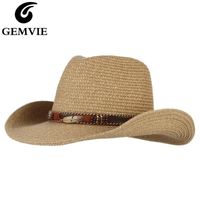 Wholesale Cloches GEMVIE Western Cowboy Hat Sun For Men Cowgirl Summer Hats Women Lady Straw With Alloy Feather Beads Beach Cap Panama