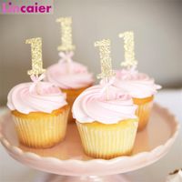 Wholesale 10pcs Glitter Paper Cupcake Toppers Happy Birthday One Cake Topper Cake Decorating Supplies Baby Girl Boy st Decoration Y200618