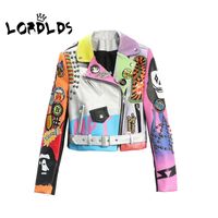 Wholesale LORDXX Cropped Leather Jackets Women Hip hop Colorful Studded Coat New Spring Ladies Motorcycle Punk Cropped Jacket with belt