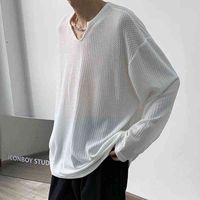 Wholesale Sun Protection Breathable See Through Sexy Unisex Oversized T shirt Long Sleeve V Neck Men Clothing Trend Woman Tee Punk G0113