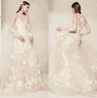 Wholesale 2021 Lace Elie Saab Wedding Dresses Buttons Back Illusion Long Sleeves Vestido De Novia Jewel Neck A Line Boho Garden Bridal Gowns AL7509