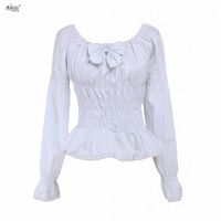 Wholesale Theme Costume Selling Womens Lolita Blouse Colors Black And White Cotton Bow Long Sleeves Tops Cosplay XS XXL