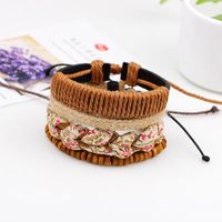 Wholesale Charm Bracelets set Boho Hippie Punk Brown Beige Cord Wrap Knots Leather Wooden Beads Gypsy Textile Fabric Layers Wide For Women