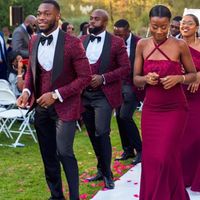 Wholesale African Customized Floral Burgundy Jacket Pieces Customized Floralfor Wedding Groom Suits Men Slim Fit Suits Costume Homme mariage