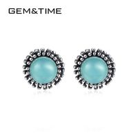 Wholesale Stud Gem Time Vintage Circle Natural Turquoise Earrings Real Sterling Silver For Women Aretes De Mujer SE0422