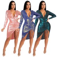 Wholesale Sexy Woman Dress Party Deep V Bodycon Long Sleeve Solid Irregular Drawstring Shiny Sliming Short dresses