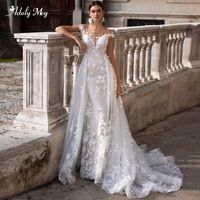 Wholesale Adoly Mey Romantic Scoop Neck Cap Sleeve Mermaid Wedding Dresses Gorgeous Appliques Detachable Train Princess Bridal Dress T200525