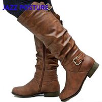 Wholesale Boots Women s Fashion High Thin Section Brown Made Of Artificial Leather With Pleats Large Size q160