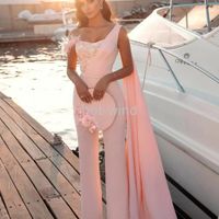 Wholesale 2022 Elegant Pink Jumpsuit Prom Dresses With Pants Suit Party Long Evening Gowns With Cape Feathers Sequins