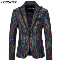 Wholesale Men s Jackets Style Multi color Shiny Sequins Thin Jacket One Button Slim Fit Sequined Casual Coat Stage Wear Male Singer Host Bar Costume