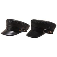Wholesale Korean Women Vintage Faux Leather Black Flat Navy Cap Newsboy Painter Classic Visor Peaked Hat with Rivet Belt Decor