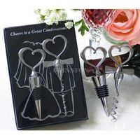 corkscrew wedding gifts 2022 - Party Favor (50sets=100Pcs Lot) Love Heart Corkscrew Wine Bottle Opener + Stopper Wedding Gift Favors Set Decoration