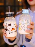 Wholesale 450ML Creative Cute Cartoon Fruit milk tea Glass Water Bottle With Straw Round Transparent Glass Straw type Drinking Bottles