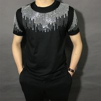 Wholesale Freeship mens rhinestone short sleeve black white fashion T shirt party stage bling style