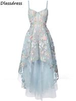 Wholesale Sky Blue Cocktail Prom Dress Short Front Long Back Applique Flower Spaghetti Strap V neck Illusion Top Evening Dress