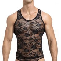 Wholesale Sexy Lace Mens Tank Tops Transparent Mesh Singlet Underwear Gay Exotic Home Lounge Sleep Wear Undershirt Summer Vest1