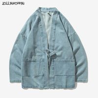 Wholesale Japan Style Men Denim Kimono Jacket Stand Collar Open Placket Spring Vintage Mens Light Blue Jean Jackets Plus Size