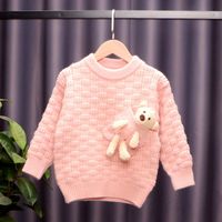 Wholesale Fall Winter Kids Sweater Boys Girls Pocket Bear Doll Knitted Long Sleeve Sweater Pullover Children Stereo Plaid Casual Jumper K2