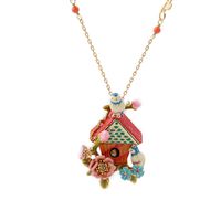Wholesale French style enamel glaze gold plated long necklace blue tit love bird little house rose ladies sweater chain