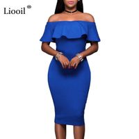 Wholesale Liooil Summer Royal Blue Off The Shoulder Midi Bodycon Dress Sexy Ruffles Strapless African Women Celebrity Party Dresses Y0118