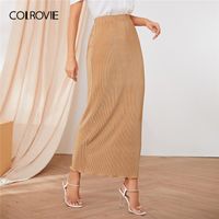 Wholesale COLROVIE Khaki Rib knit Lettuce Trim hem Skirt Women Autumn Ladies Maxi Skirt High Waist Bodycon Elegant Solid Skirts
