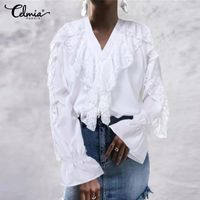 Wholesale Women s Blouses Shirts Celmia Women Chic White Lace Blouse Fashion V neck Ruffles Long Sleeve Office Female Shirt Elegant Solid Tops