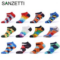 Wholesale SANZETTI Pairs Men s Ankle Socks Casual Summer Geometric Happy Funny Combed Cotton Short Sock Wedding Party Dress Socks1
