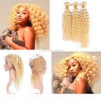 Wholesale Deep Wave Hair Weaves With Frontal Closure Blench Blonde Deep Curly Hair Bundles With Lace Frontal x4x2